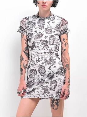 NWT Ed Hardy Flashboard White Mesh Tattoo Print Mini Dress XL